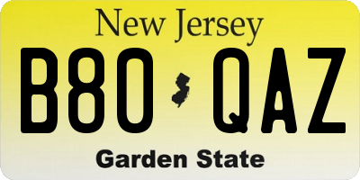 NJ license plate B80QAZ