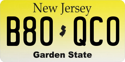 NJ license plate B80QCO