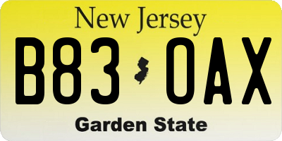 NJ license plate B83OAX