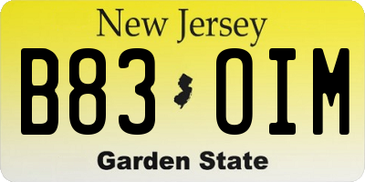 NJ license plate B83OIM