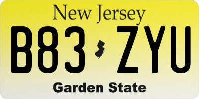 NJ license plate B83ZYU