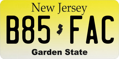 NJ license plate B85FAC