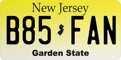 NJ license plate B85FAN