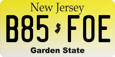NJ license plate B85FOE