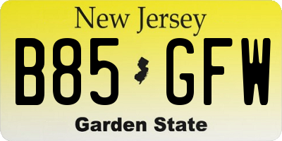 NJ license plate B85GFW