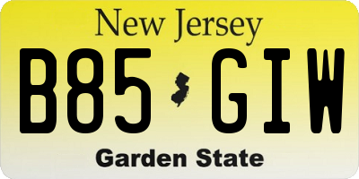 NJ license plate B85GIW