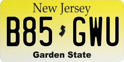 NJ license plate B85GWU