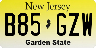 NJ license plate B85GZW