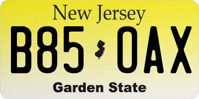 NJ license plate B85OAX