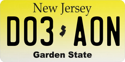 NJ license plate D03AON