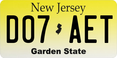 NJ license plate D07AET