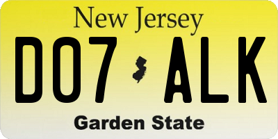 NJ license plate D07ALK