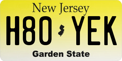 NJ license plate H80YEK