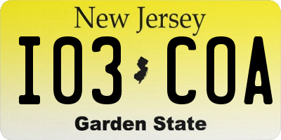 NJ license plate I03COA