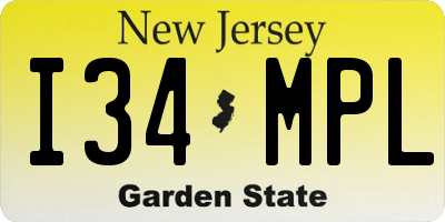 NJ license plate I34MPL