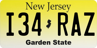 NJ license plate I34RAZ