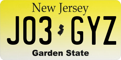 NJ license plate J03GYZ