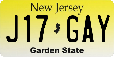 NJ license plate J17GAY