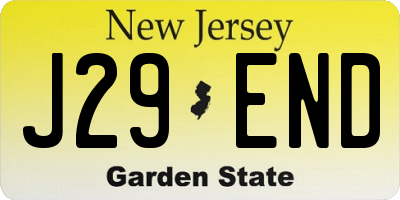 NJ license plate J29END
