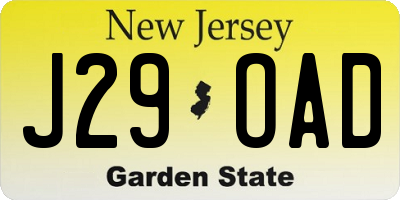 NJ license plate J29OAD