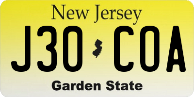NJ license plate J30COA