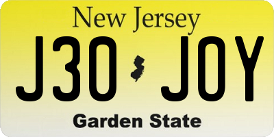 NJ license plate J30JOY
