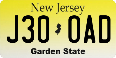 NJ license plate J30OAD