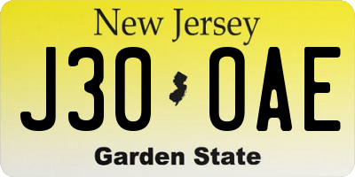 NJ license plate J30OAE