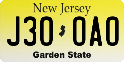 NJ license plate J30OAO