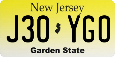 NJ license plate J30YGO