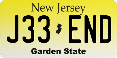 NJ license plate J33END
