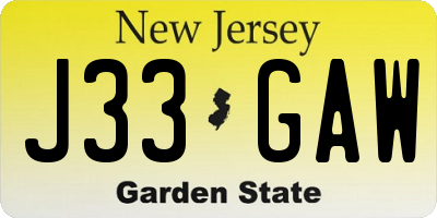 NJ license plate J33GAW