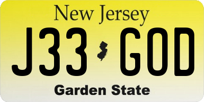 NJ license plate J33GOD