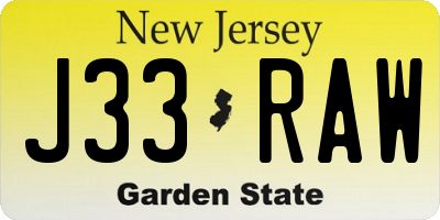 NJ license plate J33RAW
