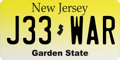 NJ license plate J33WAR