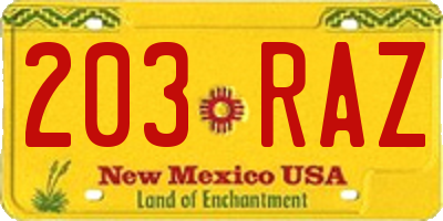 NM license plate 203RAZ