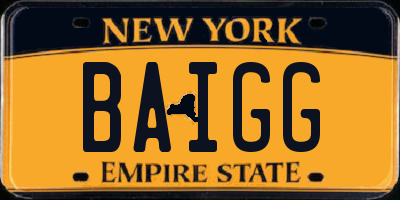 NY license plate BAIGG