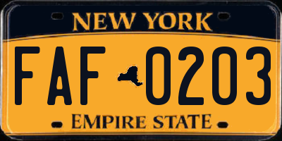 NY license plate FAF0203