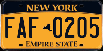 NY license plate FAF0205