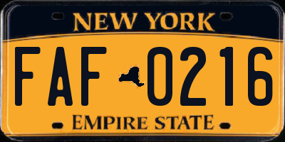 NY license plate FAF0216