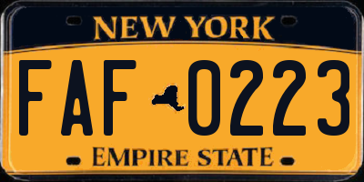 NY license plate FAF0223