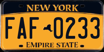 NY license plate FAF0233