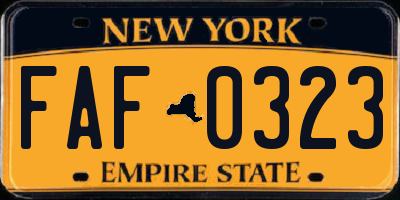 NY license plate FAF0323