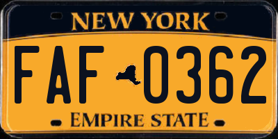 NY license plate FAF0362