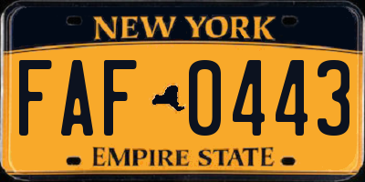 NY license plate FAF0443