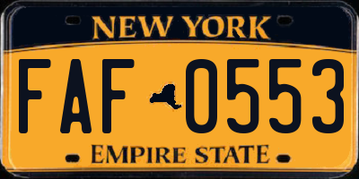 NY license plate FAF0553
