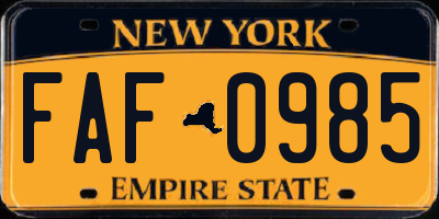 NY license plate FAF0985