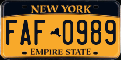 NY license plate FAF0989