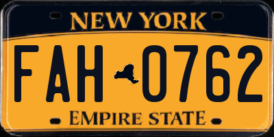 NY license plate FAH0762