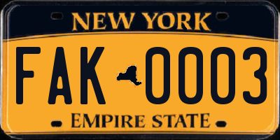 NY license plate FAK0003